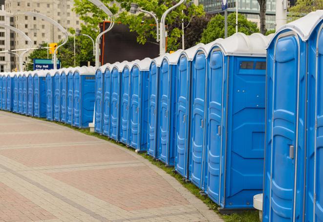 a line of spacious and well-maintained portable restrooms in Baytown